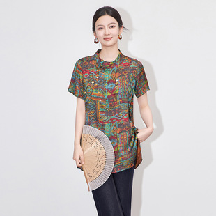 2509808 南油 新中式 水墨画国风上衣人丝香云纱复古斜襟温婉女衬衫