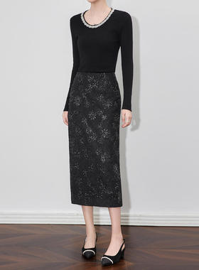 2512110-南油轻奢重工银丝刺绣雪尼尔蕾丝中长半身裙直筒显瘦百搭