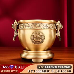 黄铜福鱼进宝缸 家居办公室装饰铜工艺品摆件双鱼铜缸 聚宝盆摆设