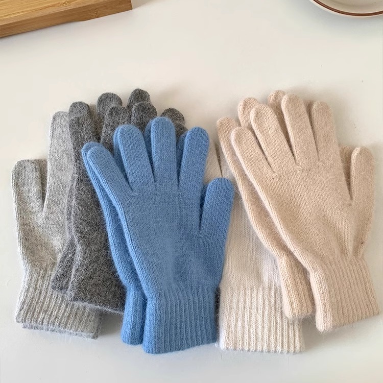 温柔系纯色兔毛手套女冬季ins五指防寒骑行防风加厚保暖针织手套