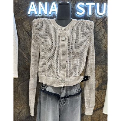 ANAN2024早春新品时髦气质设计感镂空亮丝针织衫洋气性感修身上衣
