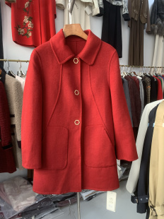 气质双面羊绒大衣女枣红色中长款小个子妈妈毛呢外套2024羊毛呢子