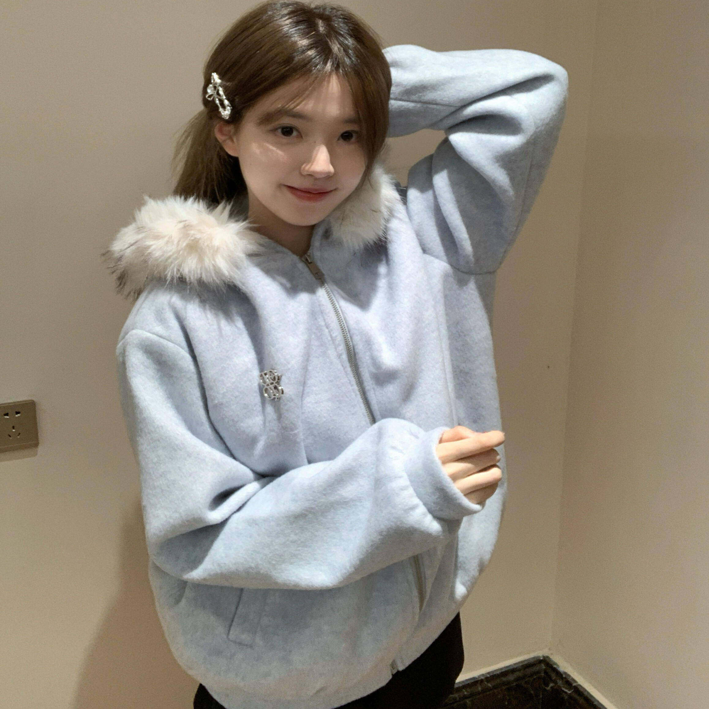 韩系复古毛领连帽拉链开衫卫衣女秋冬大童初中高中生加厚慵懒外套