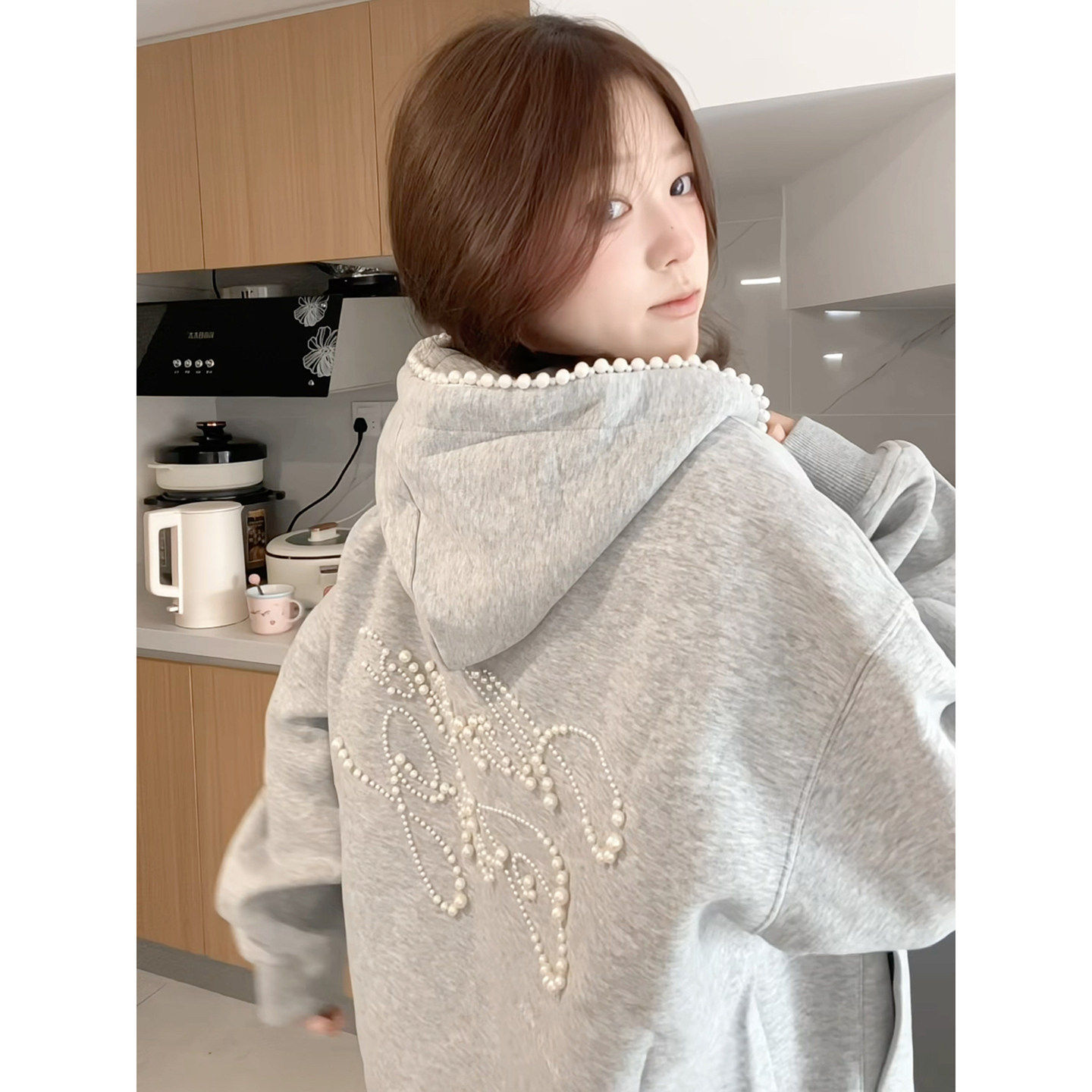 韩系钉珠重磅连帽卫衣女秋冬季2025新款加绒加厚宽松开衫拉链外套