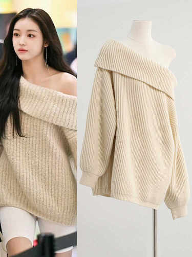 裴珠泫jennie同款一字肩针织上衣露肩百搭宽松长袖毛衣女