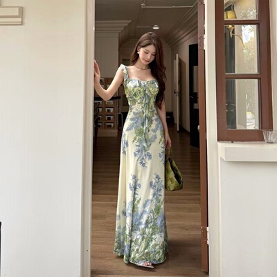 beyouare国风爆款2026新款高级感莫奈绿色花园显腰身荷叶边连衣裙