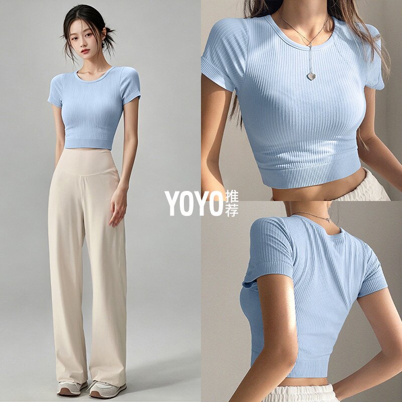 运动套装带胸垫瑜伽服女夏健身短袖上衣普拉提训练跑步休闲运动裤