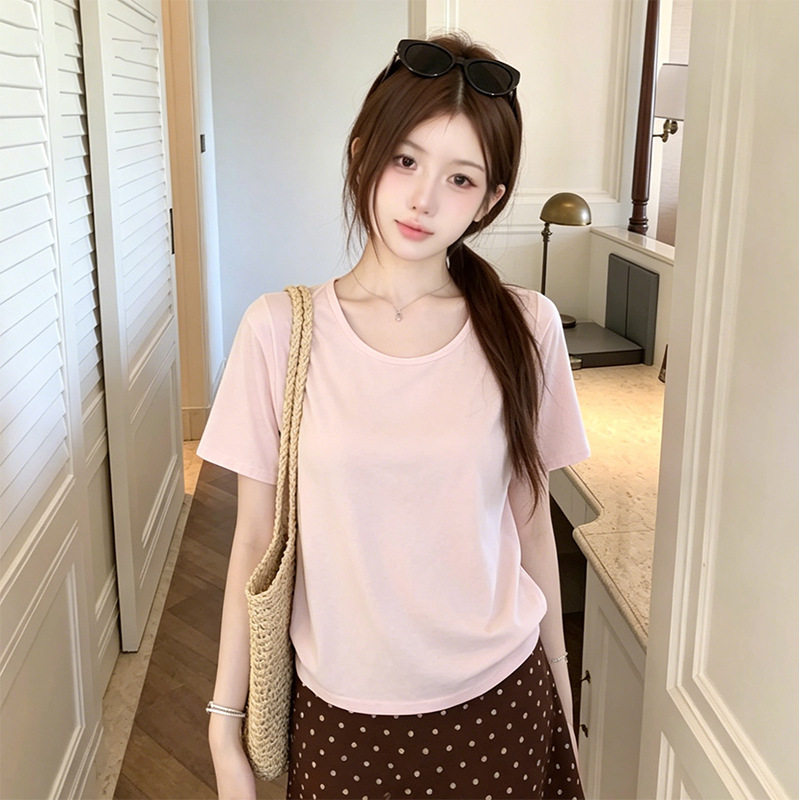 纯棉宽松基础T恤女夏季新款纯色大U领慵懒氛围休闲百搭上衣短袖女