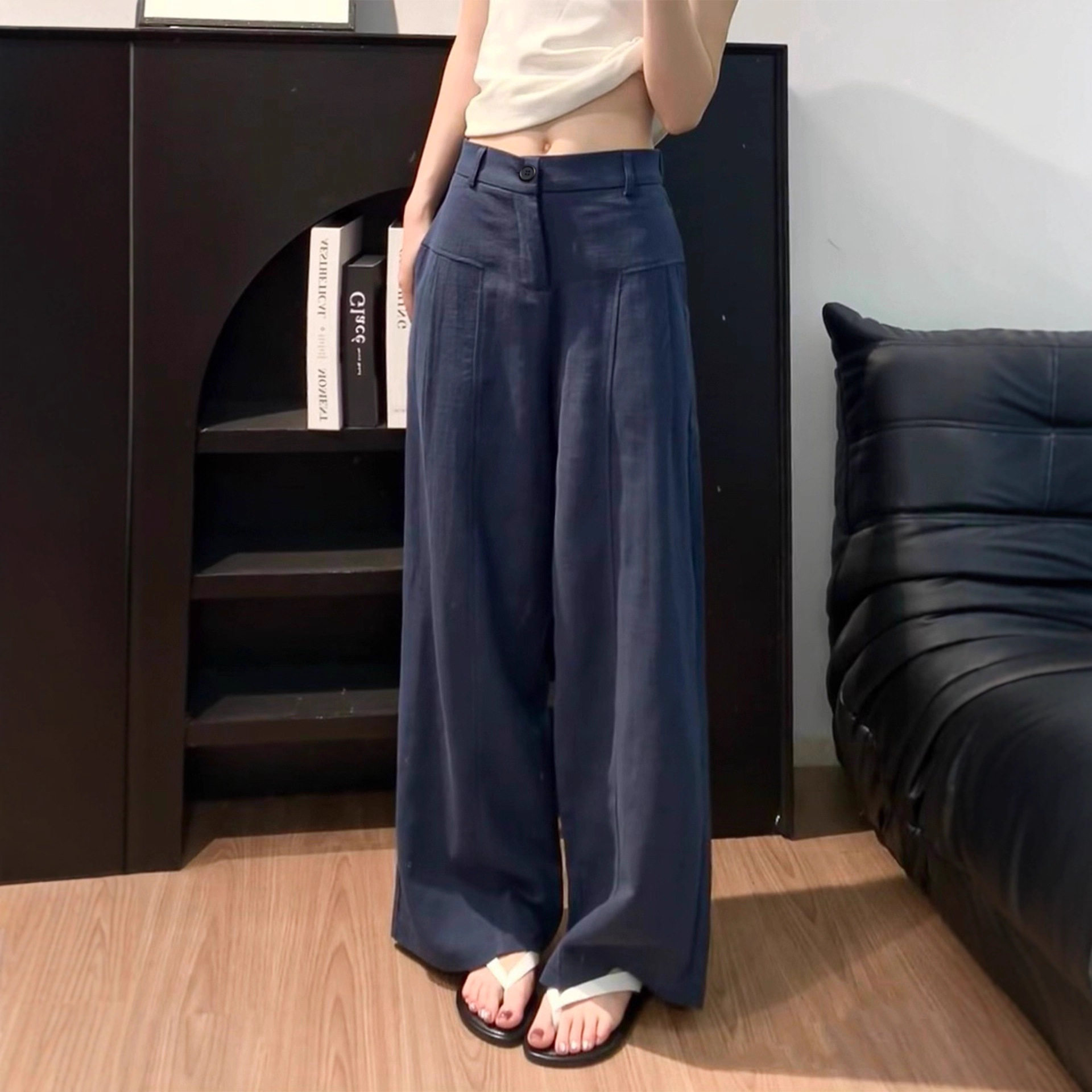 藏青色亚麻苎麻阔腿裤女夏季薄款高腰老钱风西装直筒棉麻休闲裤子