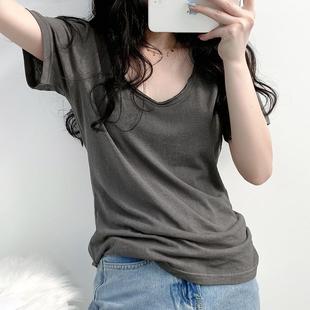 白色正肩短袖 休闲宽松慵懒风显瘦V领洋气卷边上衣 T恤女装 2025夏款