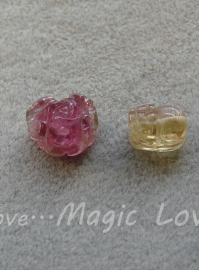【Magic Love】天然玻璃体粉黄西瓜碧玺◎玫瑰花貔貅通孔配件一对