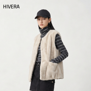 HIVERA 简约风环保水貂皮草马甲女短款无袖2026冬季新款