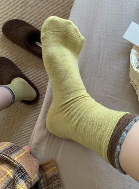 芥末黄美dai~chao细腻的撞色双色羊毛袜袜~袜子女秋冬保暖中筒袜