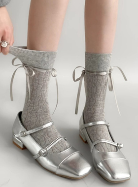 灰色真的很难不爱啊！又薄又透气~miu风穿丝绑带蝴蝶结袜子女半透