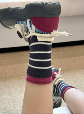 紫色搭配藏青条纹也太绝了！巨显白显腿细~袜子女秋冬堆堆袜无骨