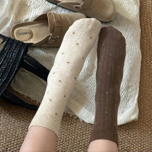 永远为漂亮袜子而心动 秋冬袜子女棉 复古焦糖小碎花百搭中筒袜