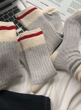 boom bomb袜子女秋冬ins复古韩国条纹粗针毛衣料灰色袜纯色堆堆袜