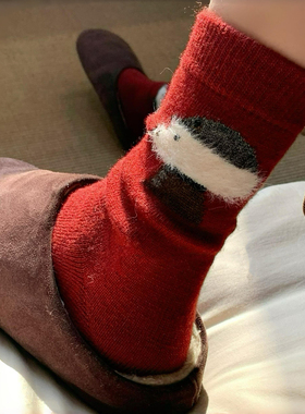 太可爱咯~我的本命年复古红色小狗~袜子女羊毛保暖加厚红色新年袜