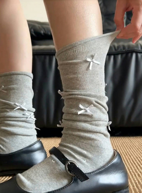 一袜两穿~小腿和堆着都巨好看~灰色袜子女蝴蝶结堆堆袜miu风棉