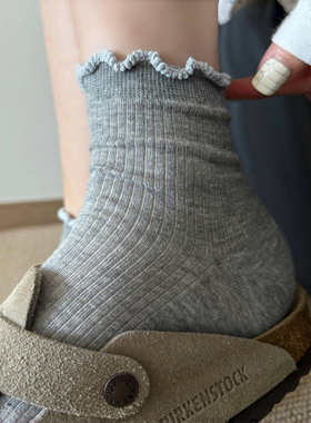 灰色+勃肯妥妥的夏日少女风啊~夏天短款镂空袜子女花边灰色透气薄
