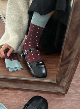 boom bomb复古波点袜子女秋冬日系ins中筒袜拼色堆堆袜学院风女袜