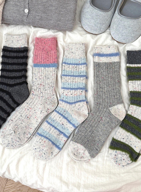 绝绝！蓝灰色系～毛绒条纹袜子也太奶了！秋冬女袜加厚堆堆袜羊毛