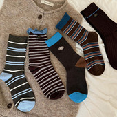 蓝咖色袜袜简直秋日bi入款 复古高级感 袜子女中筒条纹堆堆秋冬