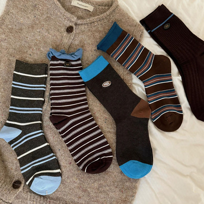 蓝咖色袜袜简直秋日bi入款！复古高级感~袜子女中筒条纹堆堆秋冬