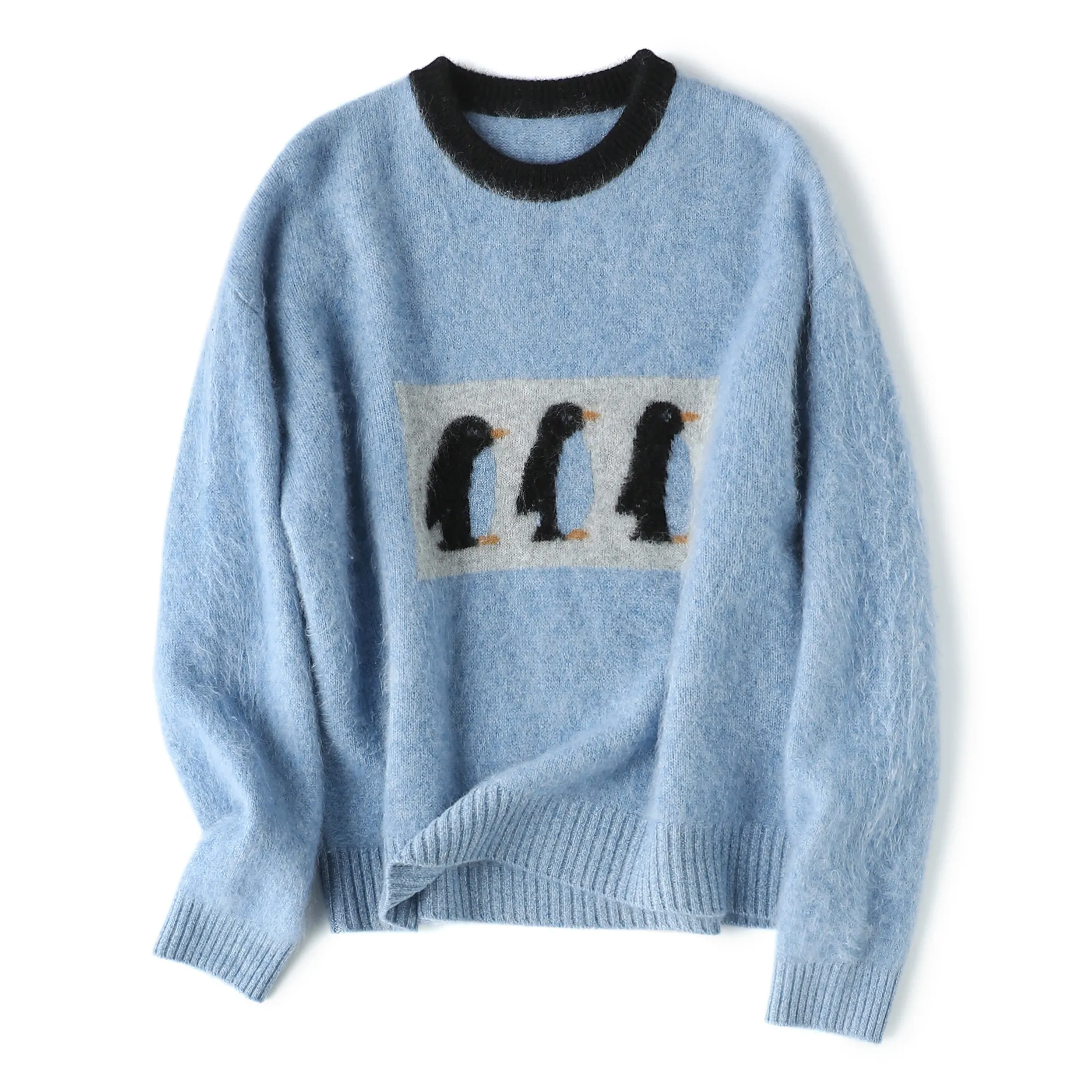 三只企鹅 加厚拉绒小火炉羊绒羊毛圆领毛衣女 冬季保暖百搭厚毛衣