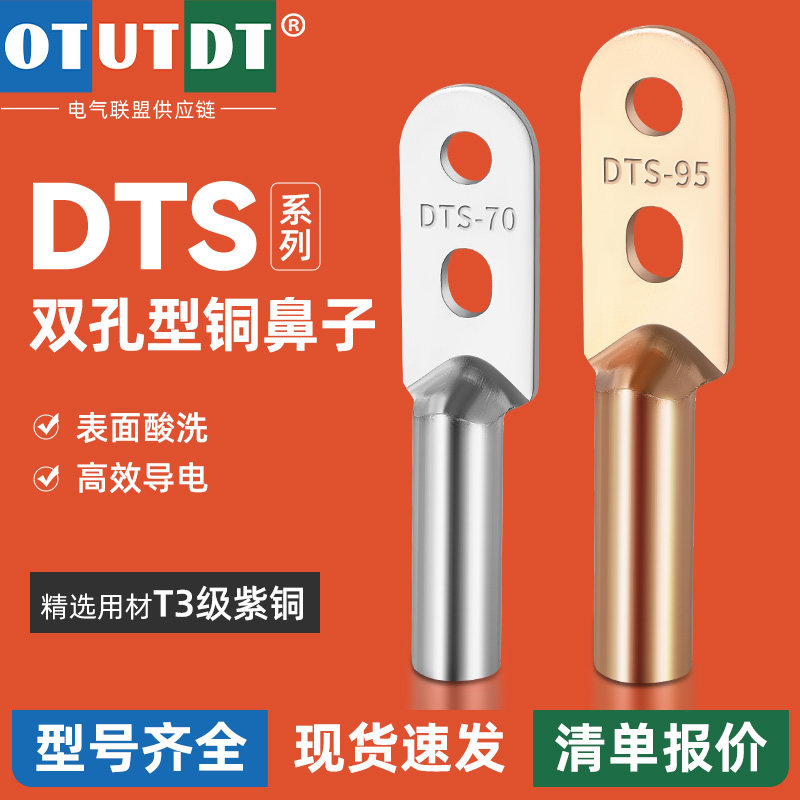 双孔加厚紫铜鼻子接线端子DTS16-16/25/35电缆电线快接头过渡连接