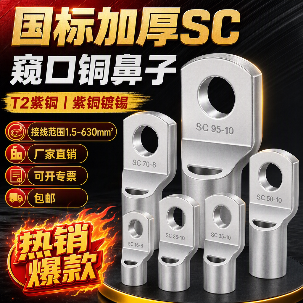 国标SC窥口铜鼻子加厚线鼻紫铜线耳冷压接线端子纯铜1.5-630平方图片