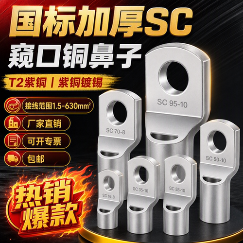 国标SC窥口铜鼻子加厚线鼻紫铜线耳冷压接线端子纯铜1.5-630平方