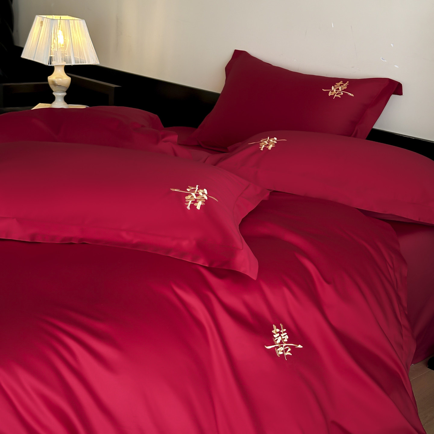 简约刺绣现代结婚庆大红色全棉四件套宽边长绒棉贡缎纯棉100S床品