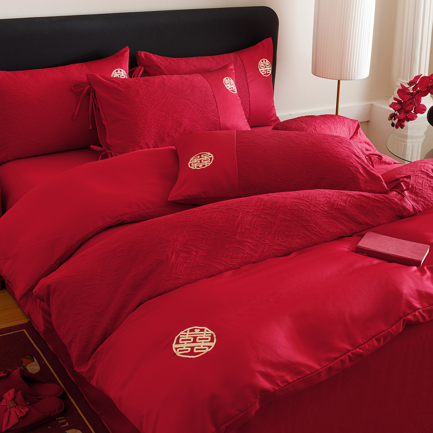 新中式纯棉红色婚庆结婚四件套提花喜庆被套婚嫁床笠新婚床上用品