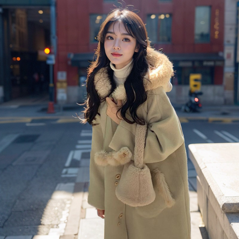 啵啵奶绿可爱甜美年轻毛呢大衣毛毛领外套女秋冬季新款中长款潮流