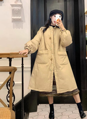 小个子牛角扣立领加厚中长款外套女冬季新款宽松显瘦加厚保暖棉服