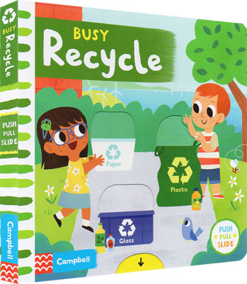 现货  忙碌的环保 英文原版 Busy Recycle Busy系列 垃圾 推拉滑动机关纸板操作书 幼儿英语启蒙游戏玩具书 早教亲子互动