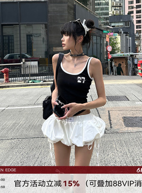 韩好甜WARDEN EDGE动感代号 黑色短款吊带背心女修身无袖u领上衣