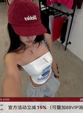 韩好甜WARDEN EDGE牛乳盒子 白色印花抹胸上衣女收腰显瘦辣妹背心