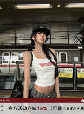 韩好甜WARDEN EDGE霓虹重影 白色印花背心女外穿短款露脐吊带上衣