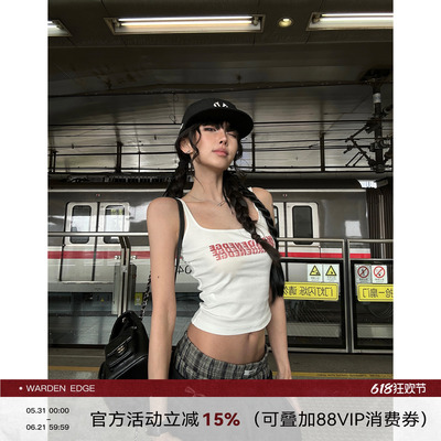 韩好甜WARDEN EDGE霓虹重影 白色印花背心女外穿短款露脐吊带上衣