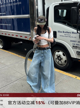 韩好甜WARDEN EDGE闪耀丹宁 蓝色水洗牛仔裤女宽松低腰阔腿裤长裤