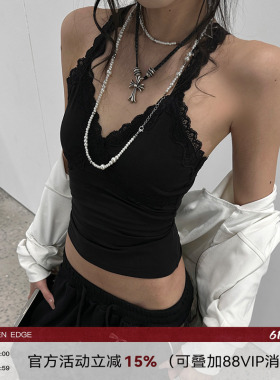 韩好甜WARDEN EDGE 黑色蕾丝吊带背心女夏季修身显瘦短款辣妹上衣