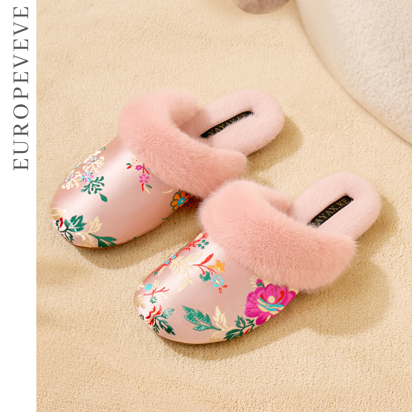 花开富贵国风刺绣女士冬季居家用情侣加绒保暖高级感牛筋底棉拖鞋