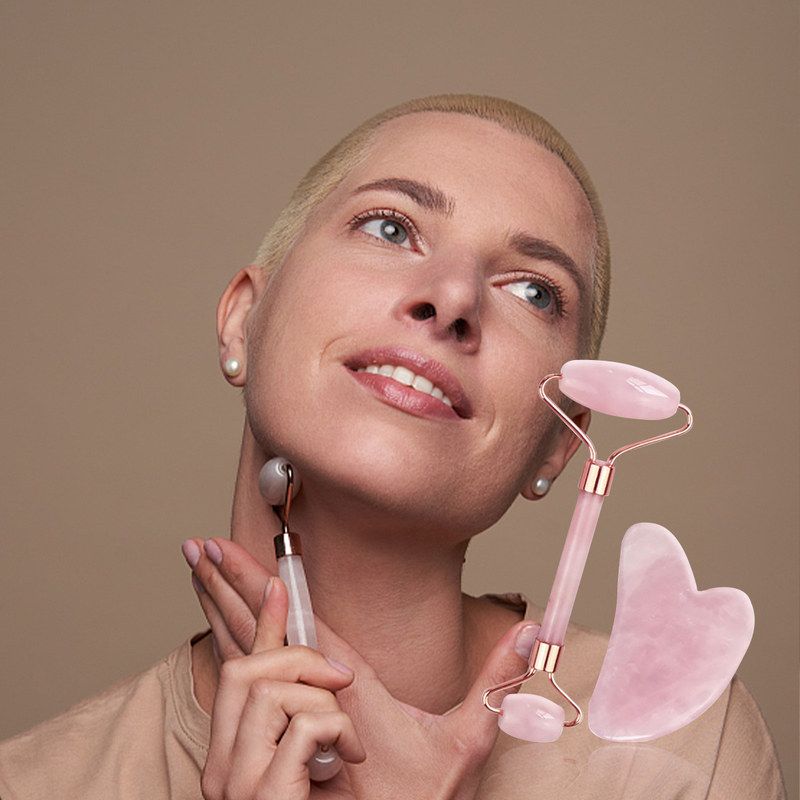 玉石水晶滚轮按摩器v脸拨筋双头脸部美容面部提拉按摩面部塑形