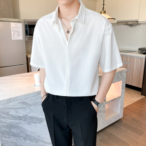 ins轻熟风潮流纯色短袖衬衫男2024夏季新宽松休闲青年Q53P40图片