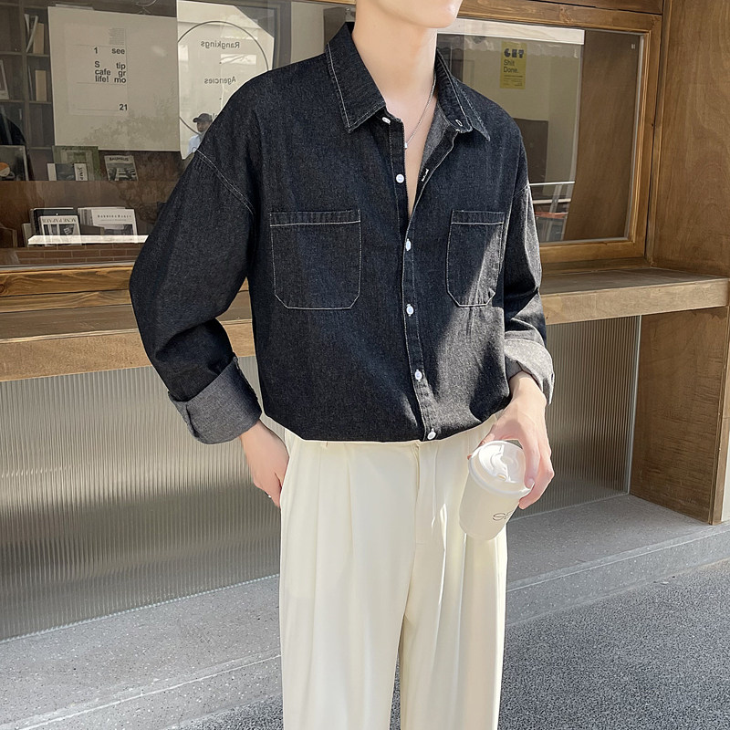 ins轻熟风2024秋季新宽松潮流水洗牛仔长袖衬衫男打底Q100P55,男装衬衫,电商A222（原电商A231）