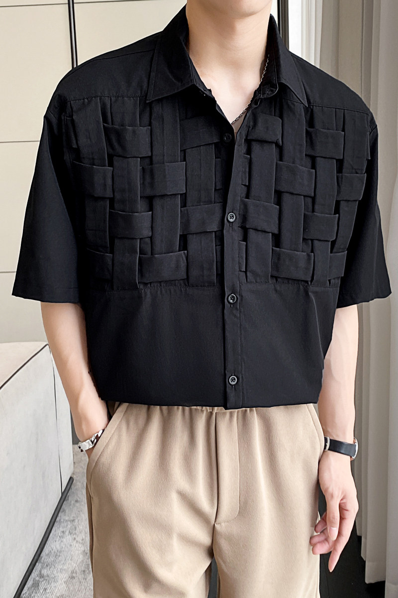 潮流短袖衬衫男ins轻熟风2024夏季新宽松休闲编织拼接Q88P60,男装衬衫,电商A222（原电商A231）