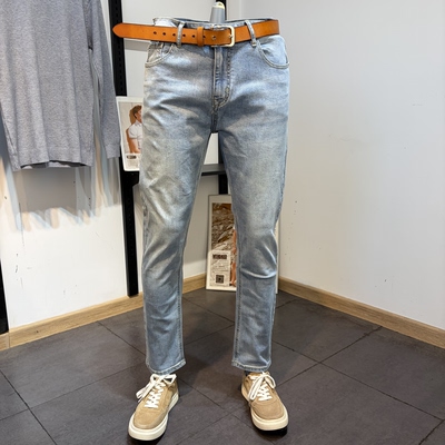 高品质男装男士春秋季修身小脚小直筒浅蓝色显瘦牛仔裤男长裤