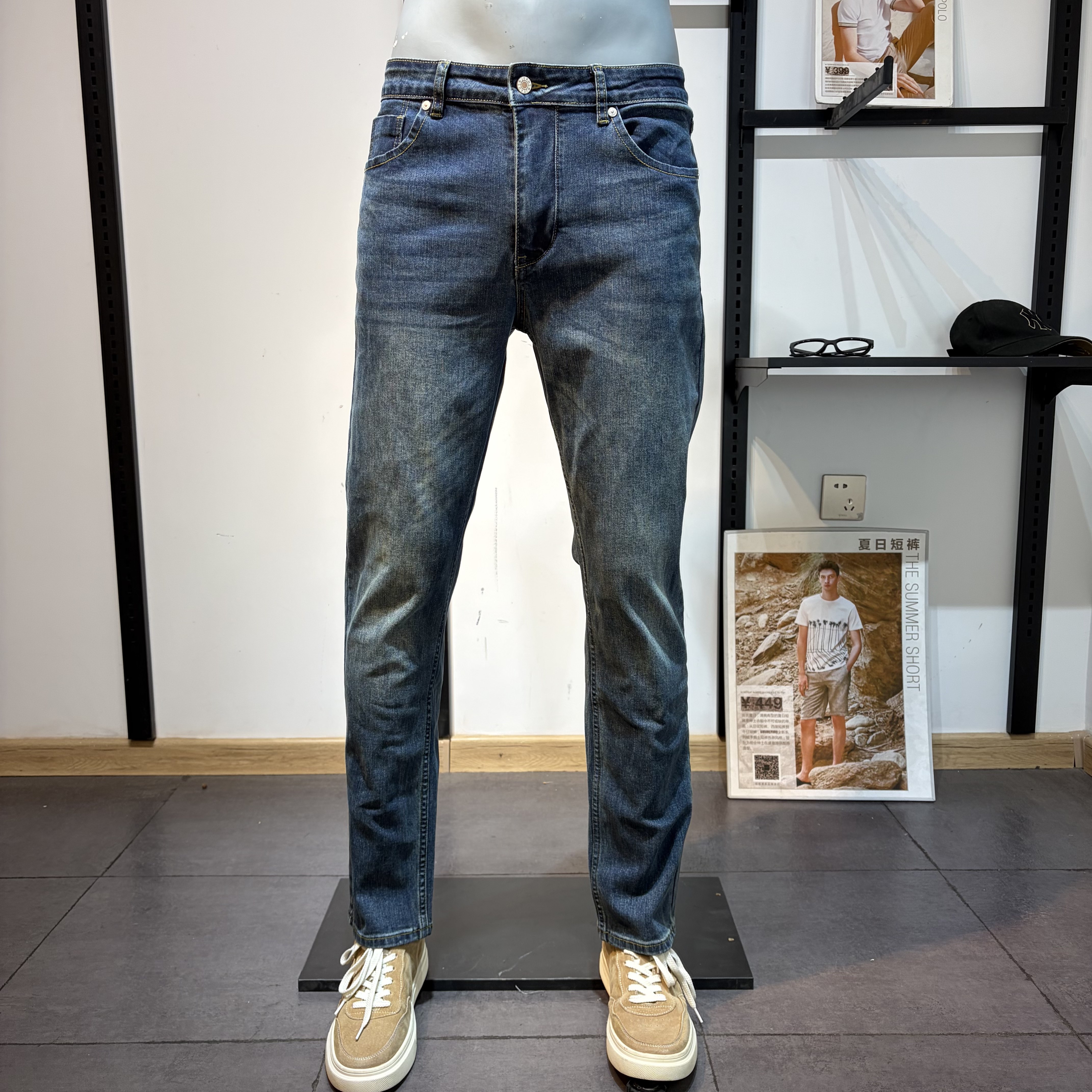 J家品牌去标男士春秋季修身小脚小直筒中蓝色休闲牛仔裤长裤男